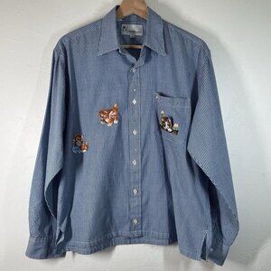 Mili Designs Appliquéd Embellished Cat Kitten Shirt Blue Gingham Check VTG Sz M